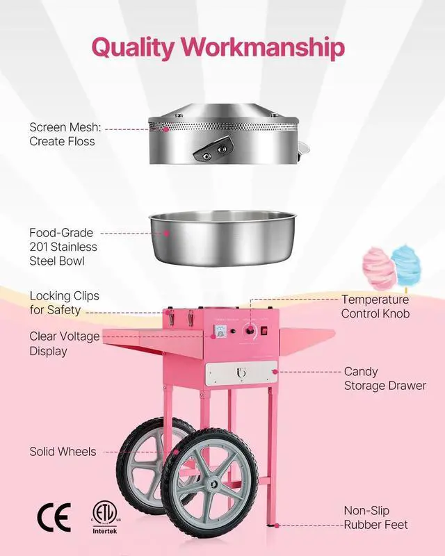 Alt view image 5 of 7 - SIHAO Cotton Candy Machine with Cart, 1000W Electric Commercial Candy Floss Maker with 20.5 in Stainless Steel Bowl, Sugar Scoop, and Drawer, for Home, Kids Birthday, Family Party, Pink