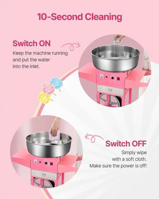 Alt view image 4 of 7 - SIHAO Cotton Candy Machine with Cart, 1000W Electric Commercial Candy Floss Maker with 20.5 in Stainless Steel Bowl, Sugar Scoop, and Drawer, for Home, Kids Birthday, Family Party, Pink