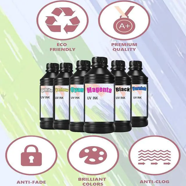 Alt view image 3 of 7 - Professional 6×500ml UV-Curable Ink Kit (CMYK, White, Varnish,soft ink) for Epson & DTF Inkjet Printers - Heat Transfer Printing