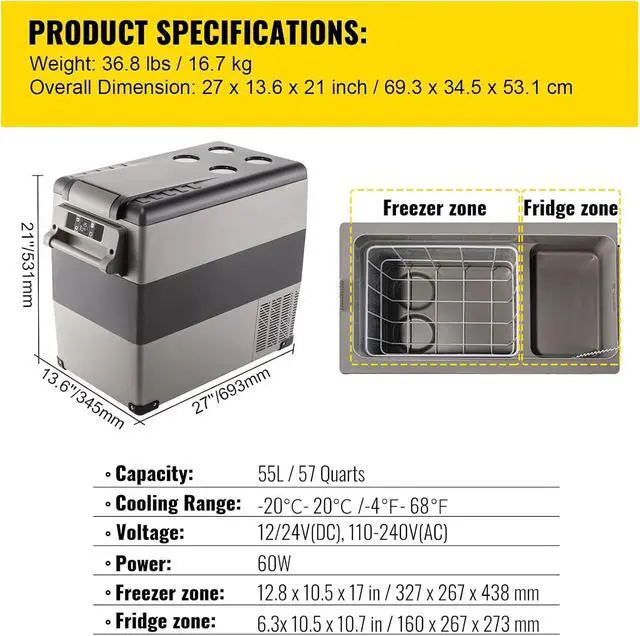 Alt view image 3 of 7 - SIHAO 55L Portable Car Refrigerator, 12/24V DC Compressor Fridge for Camping, RV, SUV, Home