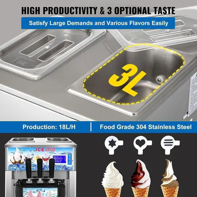 Alt view image 2 of 7 - SIHAO Commercial Soft Serve Ice Cream Maker 18L/H 1200W LCD 3 Flavors