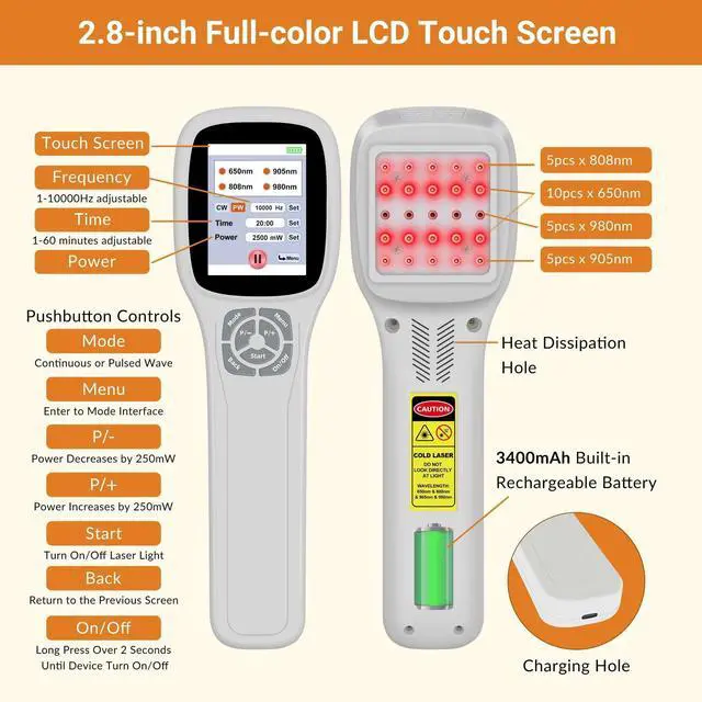 Alt view image 5 of 7 - Toponechoice 4-Wavelength Cold Laser Therapy Device (650/808/905/980nm) Touchscreen Operation