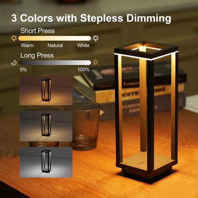 Alt view image 2 of 7 - 2 Pack Cordless Table Lamp Rechargeable, IP55 Waterproof, 60h Runtime Protable Outdoor Table Lamps, 3 Color Stepless Dimming Battery Powered Table Lamp for Dinner/Restaurant/Bedroom/Cafe