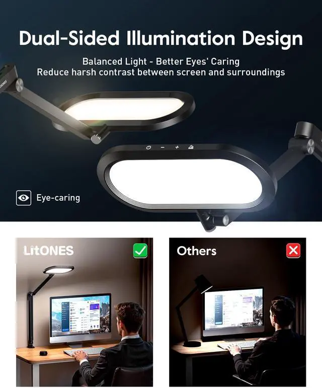 Alt view image 2 of 7 - LED Desk Lamp for Home Office, Eye-Care Double-Sided Desk Light with Stepless Dimmable Knob Remote, Memory, Adjustable Arm Clip on Light for Video Recording, Zoom Call, Study, Flicker-Free, Glare-Free