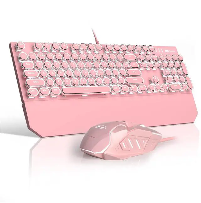 Main image of Retro Pink Typewriter-Style Keyboard and Mouse Combo, Cute Light Up Wired Mechanical Keyboard with Linear Red Switches, Full Size for Gaming, Work, Mac, PC, Windows