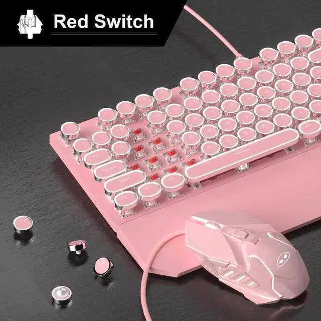 Alt view image 2 of 7 - Retro Pink Typewriter-Style Keyboard and Mouse Combo, Cute Light Up Wired Mechanical Keyboard with Linear Red Switches, Full Size for Gaming, Work, Mac, PC, Windows