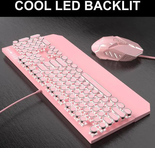 Alt view image 3 of 7 - Retro Pink Typewriter-Style Keyboard and Mouse Combo, Cute Light Up Wired Mechanical Keyboard with Linear Red Switches, Full Size for Gaming, Work, Mac, PC, Windows