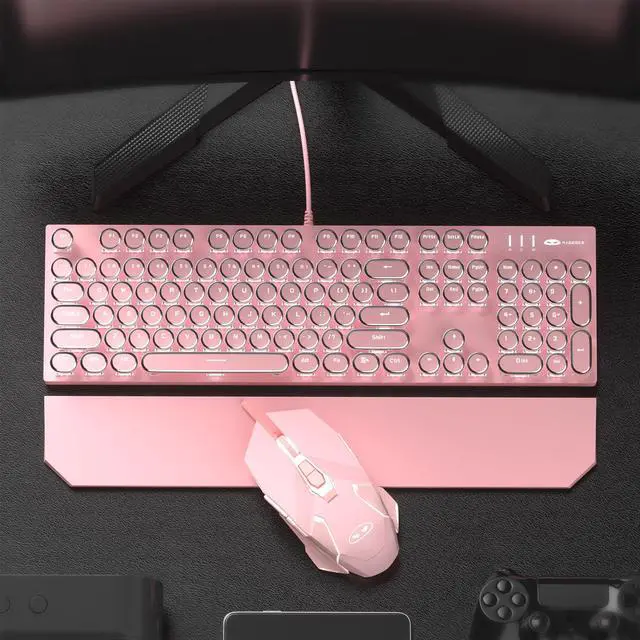 Alt view image 6 of 7 - Retro Pink Typewriter-Style Keyboard and Mouse Combo, Cute Light Up Wired Mechanical Keyboard with Linear Red Switches, Full Size for Gaming, Work, Mac, PC, Windows