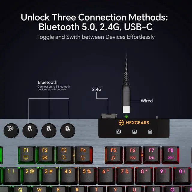 Alt view image 5 of 7 - Immision A3 Low-Profile Wireless Mechanical Keyboard, TKL Hot-Swappable Aluminum Gaming Keyboard, BT5.0/2.4GHz/USB-C Tactile Switches, RGB Backlit, TFT Screen & 5800mAh Battery for Pc/Mac