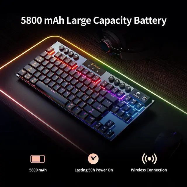 Alt view image 7 of 7 - Immision A3 Low-Profile Wireless Mechanical Keyboard, TKL Hot-Swappable Aluminum Gaming Keyboard, BT5.0/2.4GHz/USB-C Tactile Switches, RGB Backlit, TFT Screen & 5800mAh Battery for Pc/Mac