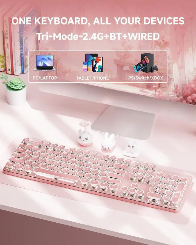 Alt view image 3 of 7 - TK950 Typewriter Keyboard Wireless Mechanical Keyboard, 104 Keys Aesthetic Typewriter Keyboards with White Backlit, Anti-Ghosting, Blue Switch Bluetooth/2.4GHz/Wired Keyboards-Pink