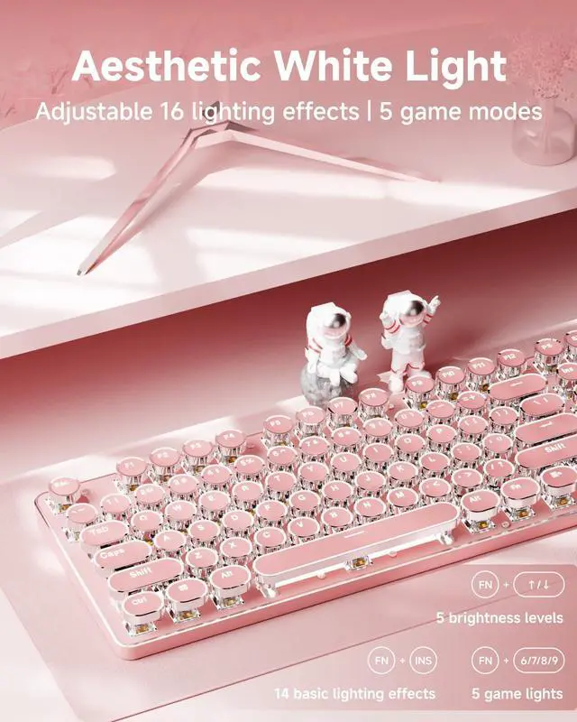 Alt view image 4 of 7 - TK950 Typewriter Keyboard Wireless Mechanical Keyboard, 104 Keys Aesthetic Typewriter Keyboards with White Backlit, Anti-Ghosting, Blue Switch Bluetooth/2.4GHz/Wired Keyboards-Pink