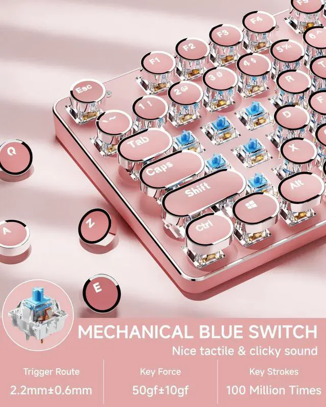 Alt view image 6 of 7 - TK950 Typewriter Keyboard Wireless Mechanical Keyboard, 104 Keys Aesthetic Typewriter Keyboards with White Backlit, Anti-Ghosting, Blue Switch Bluetooth/2.4GHz/Wired Keyboards-Pink