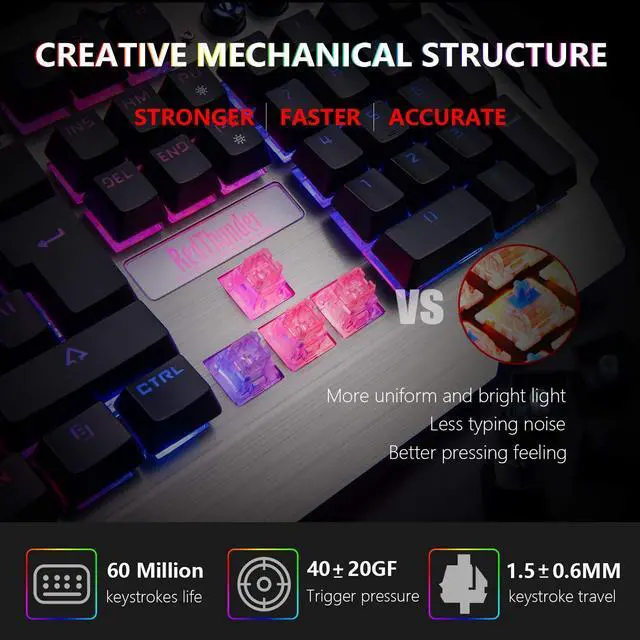 Alt view image 2 of 6 - K900 Gaming Keyboard, RGB Backlit Semi-Mechanical with Wrist Rest, Water-Resistant USB Wired Hybrid Ergonomic, Teclado Gamer for Desktop Computer PC Mac PS4