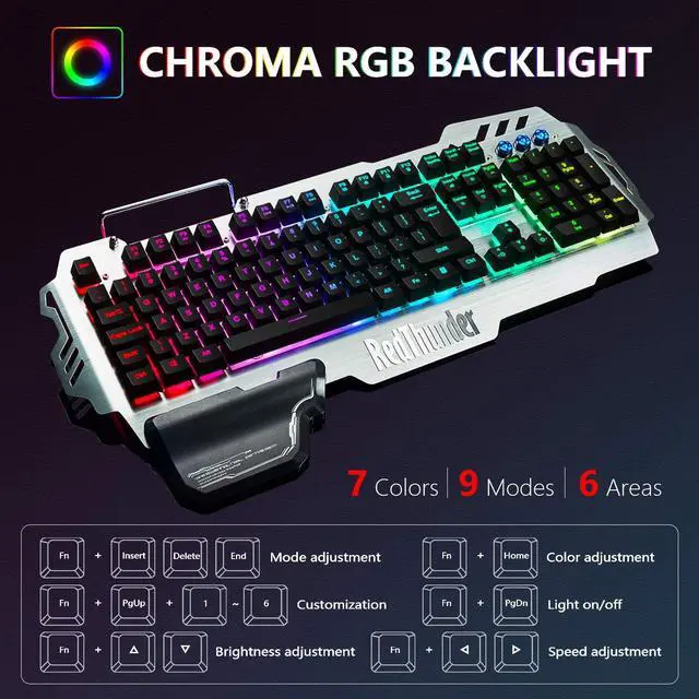 Alt view image 3 of 6 - K900 Gaming Keyboard, RGB Backlit Semi-Mechanical with Wrist Rest, Water-Resistant USB Wired Hybrid Ergonomic, Teclado Gamer for Desktop Computer PC Mac PS4