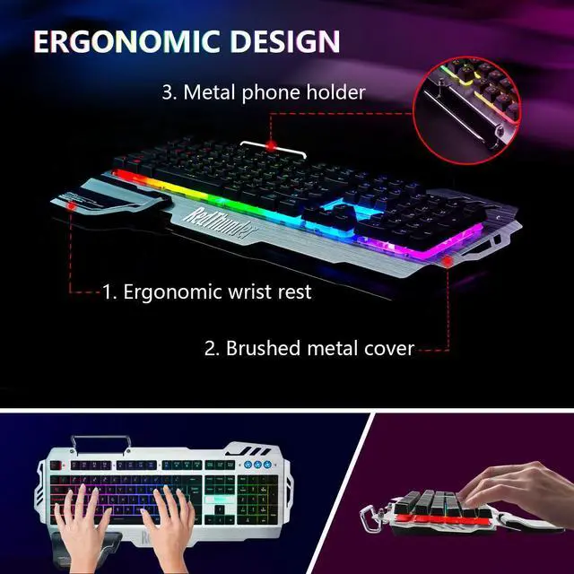 Alt view image 4 of 6 - K900 Gaming Keyboard, RGB Backlit Semi-Mechanical with Wrist Rest, Water-Resistant USB Wired Hybrid Ergonomic, Teclado Gamer for Desktop Computer PC Mac PS4