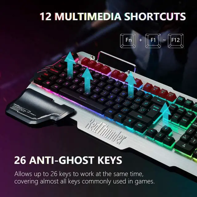 Alt view image 5 of 6 - K900 Gaming Keyboard, RGB Backlit Semi-Mechanical with Wrist Rest, Water-Resistant USB Wired Hybrid Ergonomic, Teclado Gamer for Desktop Computer PC Mac PS4