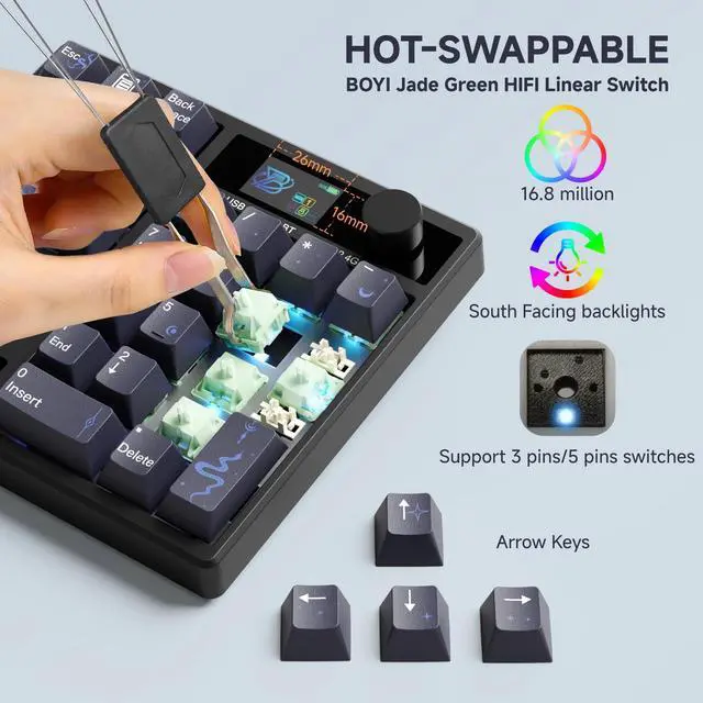 Alt view image 3 of 7 - TD31Pro Mechanical Number Pad,Bluetooth5.0/2.4G/Type-C Wireless Numeric Keypad,RGB HotSwap Numpad with Screen&Knob,PBT Keycaps Gasket keypad Programmable for Win/Mac/Gaming(Black-Star Moon)