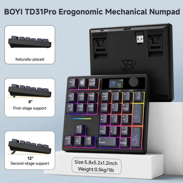 Alt view image 6 of 7 - TD31Pro Mechanical Number Pad,Bluetooth5.0/2.4G/Type-C Wireless Numeric Keypad,RGB HotSwap Numpad with Screen&Knob,PBT Keycaps Gasket keypad Programmable for Win/Mac/Gaming(Black-Star Moon)