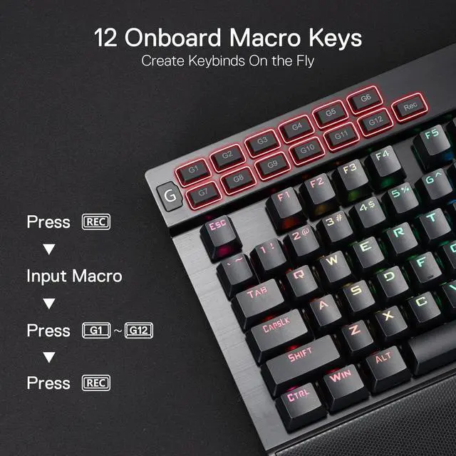 Alt view image 3 of 7 - K550 RGB Gaming Keyboard, 104 Keys + 12 Macro G Keys Wired Mechanical Keyboard w/Aluminum Top Plate, Custom Clicky Purple Switch, Extra USB Port & Wrist Rest