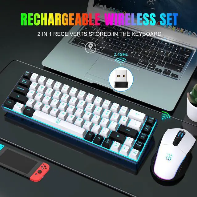 Alt view image 2 of 7 - 60% Wireless Gaming Keyboard and Mouse Combo,Ice Blue Backlit Rechargeable 2000mAh Battery,Mini Mechanical Feel Anti-ghosting Keyboard + Popular RGB Mice for Gaming, Office(White-Black)