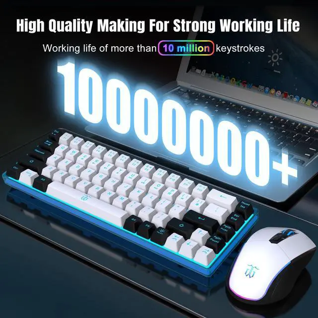 Alt view image 4 of 7 - 60% Wireless Gaming Keyboard and Mouse Combo,Ice Blue Backlit Rechargeable 2000mAh Battery,Mini Mechanical Feel Anti-ghosting Keyboard + Popular RGB Mice for Gaming, Office(White-Black)