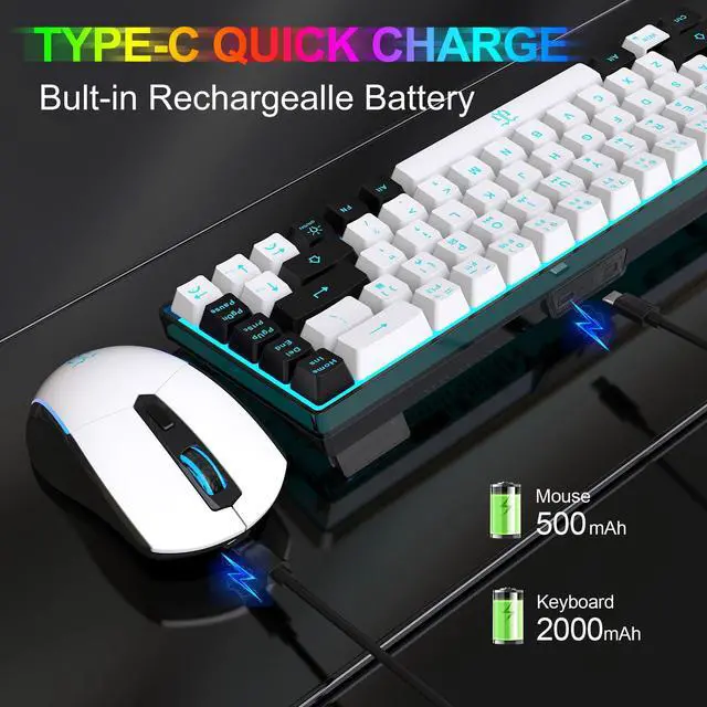 Alt view image 3 of 7 - 60% Wireless Gaming Keyboard and Mouse Combo,Ice Blue Backlit Rechargeable 2000mAh Battery,Mini Mechanical Feel Anti-ghosting Keyboard + Popular RGB Mice for Gaming, Office(White-Black)