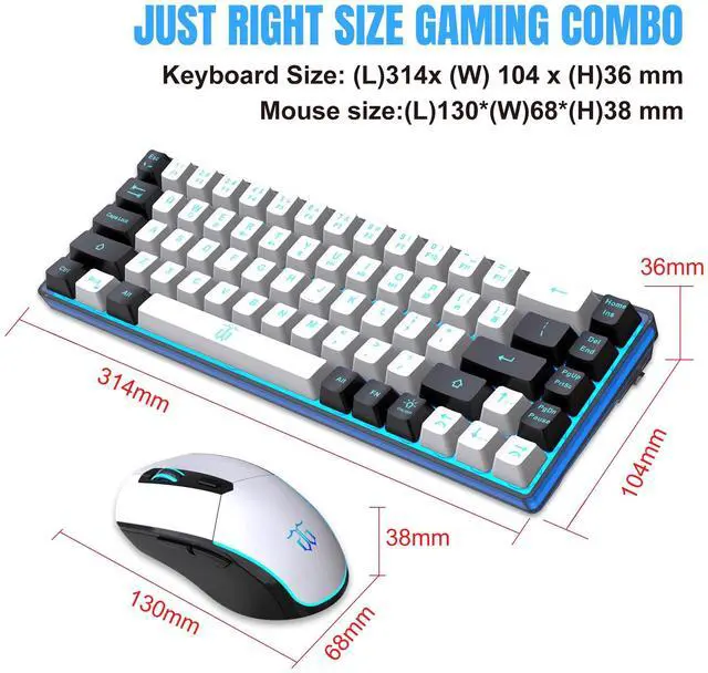 Alt view image 7 of 7 - 60% Wireless Gaming Keyboard and Mouse Combo,Ice Blue Backlit Rechargeable 2000mAh Battery,Mini Mechanical Feel Anti-ghosting Keyboard + Popular RGB Mice for Gaming, Office(White-Black)