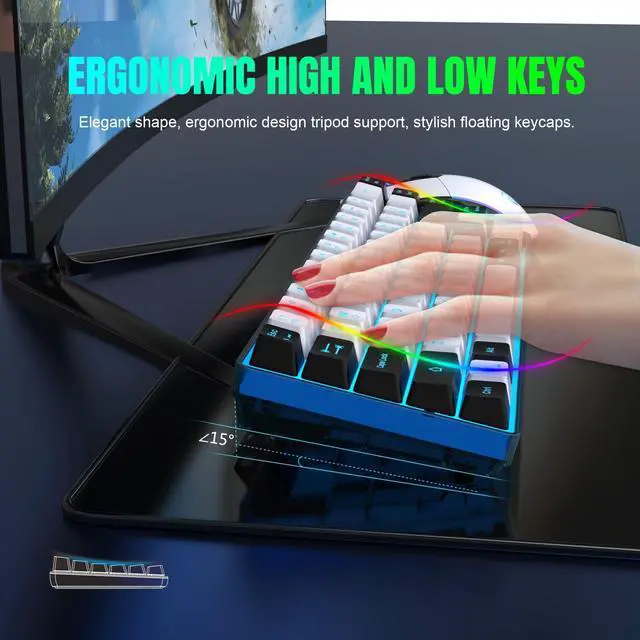 Alt view image 5 of 7 - 60% Wireless Gaming Keyboard and Mouse Combo,Ice Blue Backlit Rechargeable 2000mAh Battery,Mini Mechanical Feel Anti-ghosting Keyboard + Popular RGB Mice for Gaming, Office(White-Black)