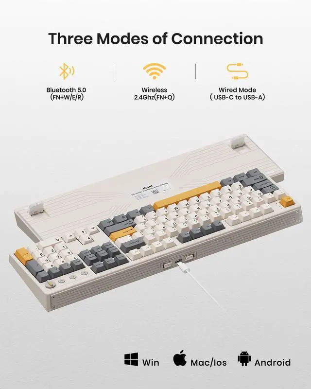 Alt view image 3 of 7 - Wireless Mechanical Keyboard,104 Keys 100% Full Size with Number Pad,Gasket Mounted Creamy Sound,Hot Swappable,Knob& Media Keys,Bluetooth/2.4GHz/USB-C for Gaming/Typing/Win/Mac/PC (Retro Beige)