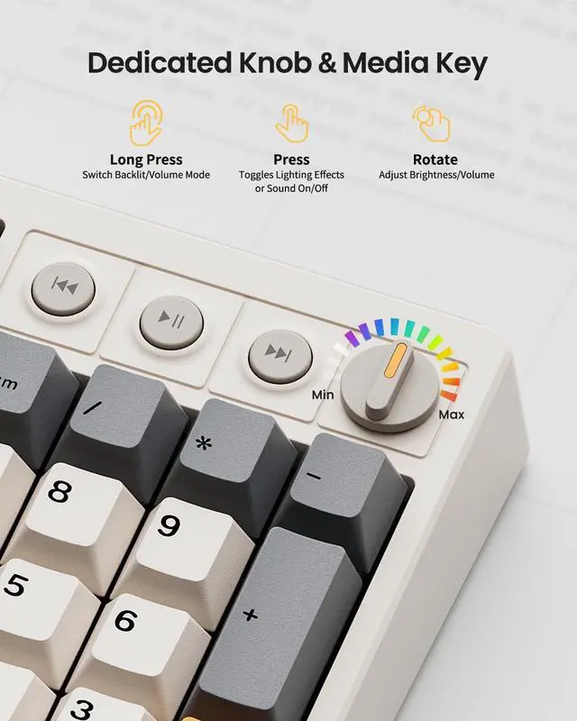 Alt view image 6 of 7 - Wireless Mechanical Keyboard,104 Keys 100% Full Size with Number Pad,Gasket Mounted Creamy Sound,Hot Swappable,Knob& Media Keys,Bluetooth/2.4GHz/USB-C for Gaming/Typing/Win/Mac/PC (Retro Beige)