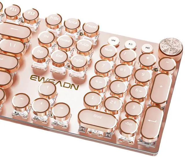 Main image of Typewriter Style Mechanical Gaming Keyboard White LED Backlit 104-Key NKRO Pink Switches Retro Round Keycaps Golden Ring Volume Knob Metal Panel Wired USB-C Detachable Cable, Rose Gold