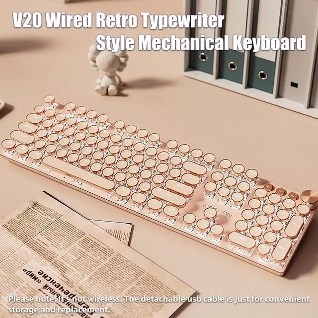 Alt view image 2 of 7 - Typewriter Style Mechanical Gaming Keyboard White LED Backlit 104-Key NKRO Pink Switches Retro Round Keycaps Golden Ring Volume Knob Metal Panel Wired USB-C Detachable Cable, Rose Gold