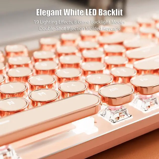 Alt view image 3 of 7 - Typewriter Style Mechanical Gaming Keyboard White LED Backlit 104-Key NKRO Pink Switches Retro Round Keycaps Golden Ring Volume Knob Metal Panel Wired USB-C Detachable Cable, Rose Gold
