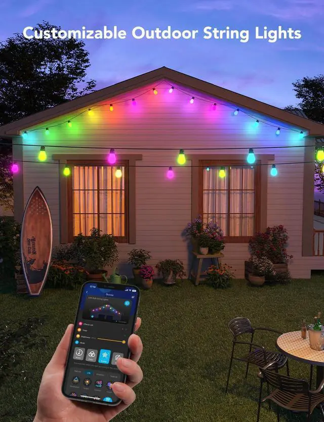Alt view image 7 of 7 - Smart Outdoor String Lights H7015, 48ft RGBIC Outdoor Lights with 15 Dimmable LED Bulbs, IP65 Waterproof, Color Changing Warm White Lights with 47 Scene Modes for Patio, Backyard, App Control