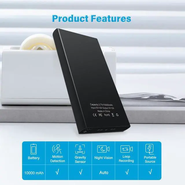 Alt view image 2 of 7 - 1080P 10000mAh Large Capacity Portable Power Bank Hidden Camera, 20 Hours Continuous Record Mini Security Nanny Spy Cam with Gravity Sensor/Motion Detection/Night VisionNo WiFi No Audio