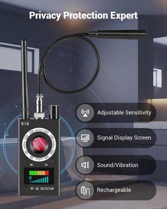 Alt view image 3 of 6 - Hidden Camera Detectors, Anti Spy Camera Finder, GPS Tracker Detector, Hidden Devices Detector for Airbnb, Hotels, Bathroom, Home, Office (Black)