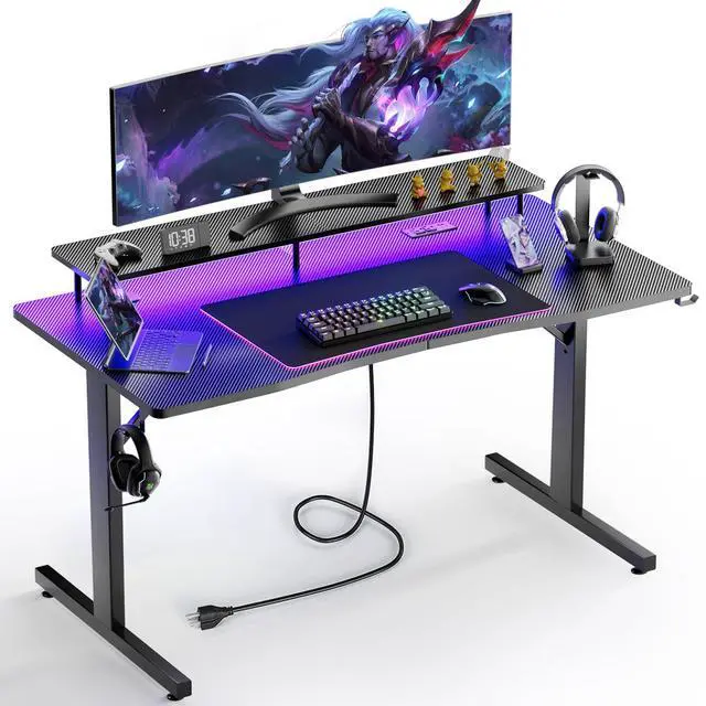 Main image of 55 Inch Gaming Desk with LED Lights & Power Outlet, Computer Gamer Desk with Monitor Stand, Ergonomic Carbon Fiber Gaming Table Home Office Desk with Headphone Hook & Mouse Pad