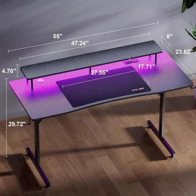 Alt view image 2 of 7 - 55 Inch Gaming Desk with LED Lights & Power Outlet, Computer Gamer Desk with Monitor Stand, Ergonomic Carbon Fiber Gaming Table Home Office Desk with Headphone Hook & Mouse Pad