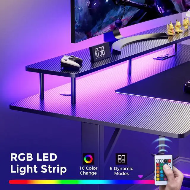 Alt view image 4 of 7 - 55 Inch Gaming Desk with LED Lights & Power Outlet, Computer Gamer Desk with Monitor Stand, Ergonomic Carbon Fiber Gaming Table Home Office Desk with Headphone Hook & Mouse Pad