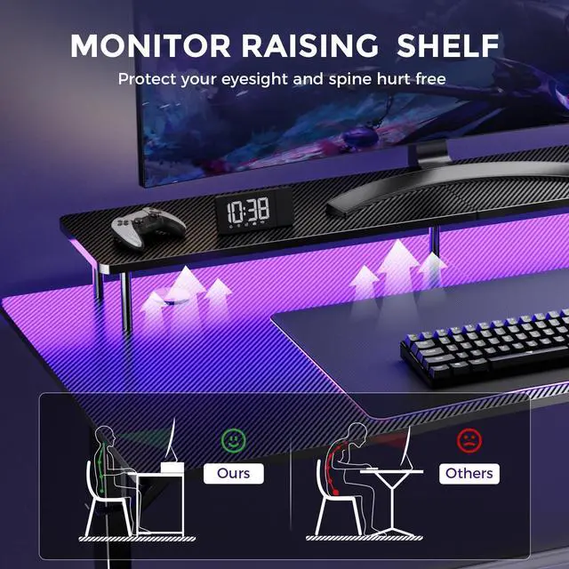 Alt view image 5 of 7 - 55 Inch Gaming Desk with LED Lights & Power Outlet, Computer Gamer Desk with Monitor Stand, Ergonomic Carbon Fiber Gaming Table Home Office Desk with Headphone Hook & Mouse Pad