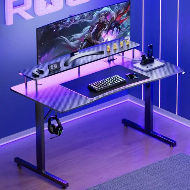 Alt view image 6 of 7 - 55 Inch Gaming Desk with LED Lights & Power Outlet, Computer Gamer Desk with Monitor Stand, Ergonomic Carbon Fiber Gaming Table Home Office Desk with Headphone Hook & Mouse Pad