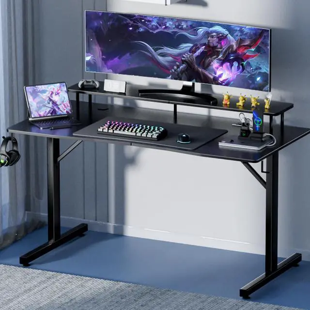 Alt view image 7 of 7 - Gaming Desk with LED Lights, 55 Inch Large Computer Gamer Desk with Monitor Stand & Power Outlet, Ergonomic Carbon Fiber Surface Gaming Table with Mouse Pad for Home Office, Carbon Black