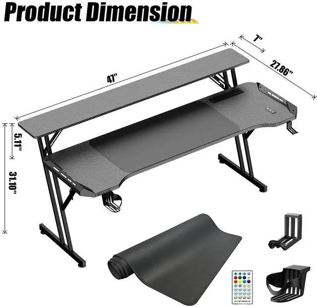 Alt view image 3 of 7 - 47 Inch Gaming Desk, Smart Computer Gamer Desk with LED Lights & Mouse Pad, Gaming Table with Power Outlet, Monitor Stand, Side Hook, Ergonomic Work Desks for Home Office, Carbon Fiber Black