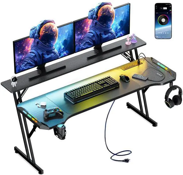 Main image of 47 Inch Gaming Desk, Smart Computer Gamer Desk with LED Lights & Mouse Pad, Gaming Table with Power Outlet, Monitor Stand, Side Hook, Ergonomic Work Desks for Home Office, Carbon Fiber Black