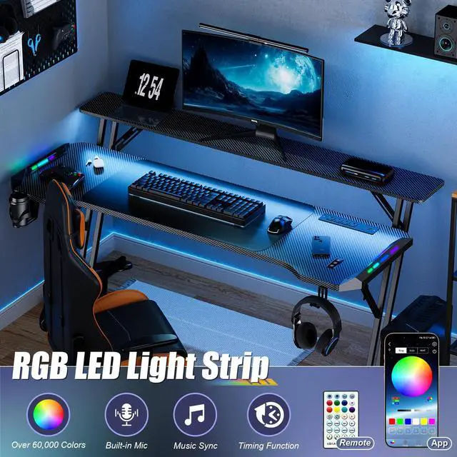 Alt view image 2 of 7 - 47 Inch Gaming Desk, Smart Computer Gamer Desk with LED Lights & Mouse Pad, Gaming Table with Power Outlet, Monitor Stand, Side Hook, Ergonomic Work Desks for Home Office, Carbon Fiber Black