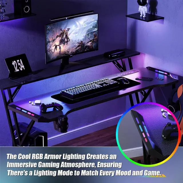 Alt view image 4 of 7 - 47 Inch Gaming Desk, Smart Computer Gamer Desk with LED Lights & Mouse Pad, Gaming Table with Power Outlet, Monitor Stand, Side Hook, Ergonomic Work Desks for Home Office, Carbon Fiber Black