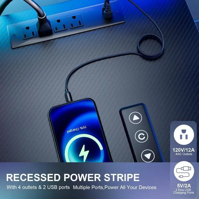 Alt view image 6 of 7 - 47 Inch Gaming Desk, Smart Computer Gamer Desk with LED Lights & Mouse Pad, Gaming Table with Power Outlet, Monitor Stand, Side Hook, Ergonomic Work Desks for Home Office, Carbon Fiber Black