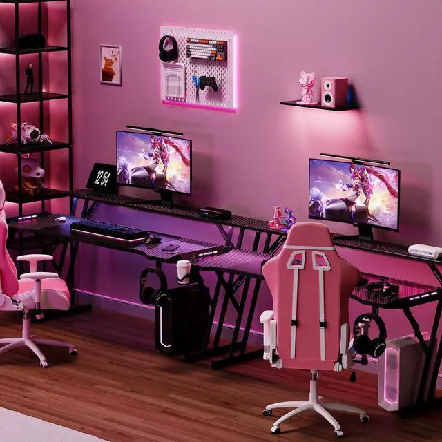 Alt view image 5 of 7 - 47 Inch Gaming Desk, Smart Computer Gamer Desk with LED Lights & Mouse Pad, Gaming Table with Power Outlet, Monitor Stand, Side Hook, Ergonomic Work Desks for Home Office, Carbon Fiber Black