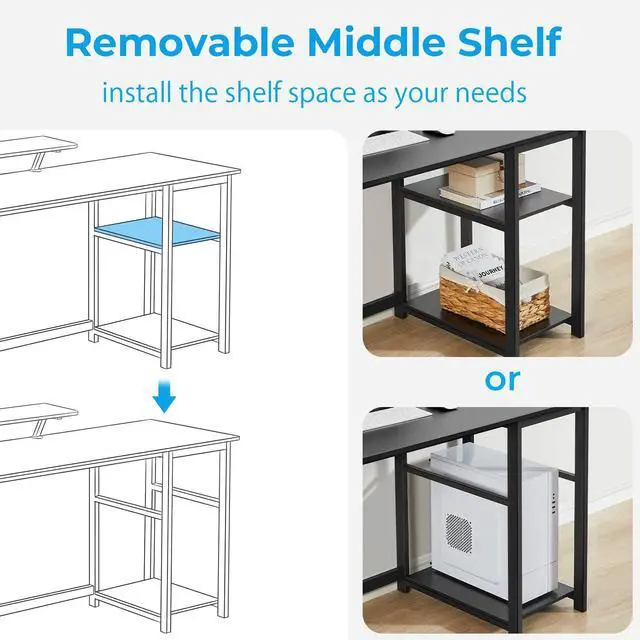 Alt view image 4 of 7 - Computer Desk 39 Inch with Monitor Stand, Office Desk with Adjustable Storage Shelves, Small Gaming Desk for Home Work Writing Study, Black